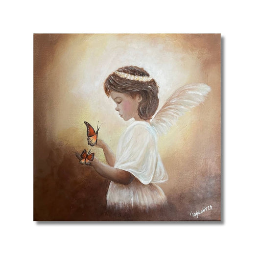 Taulu, jossa pieni enkeli pitää käsissään kahta perhosta | Kaikkea Kaunista