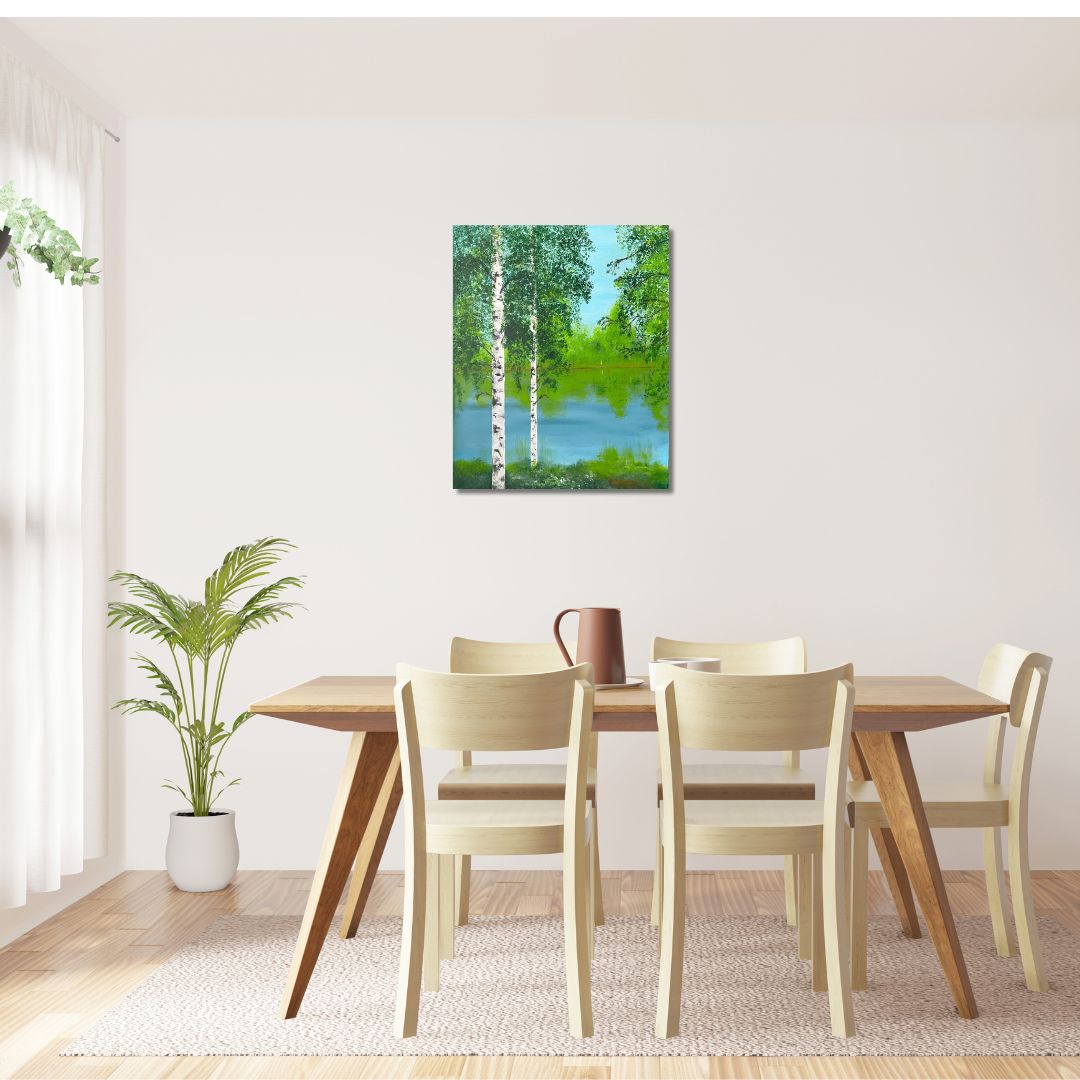 Koivuaiheinen maisemataulu seinällä ruokapöydän yläpuolella | Kaikkea Kaunista
