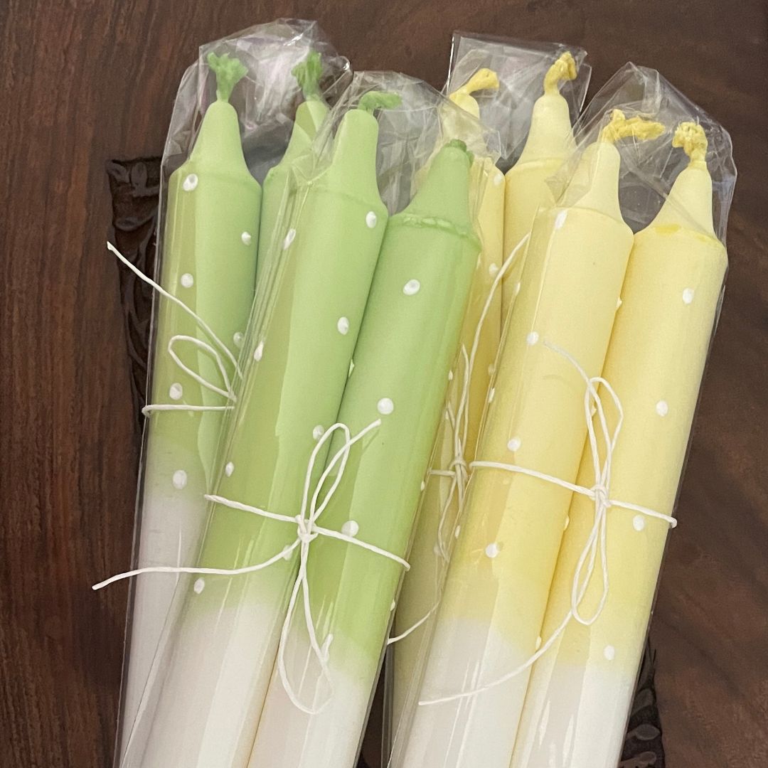 Vaaleanvihreät ja vaaleankeltaiset kruunukynttilät | Kaikkea Kaunista