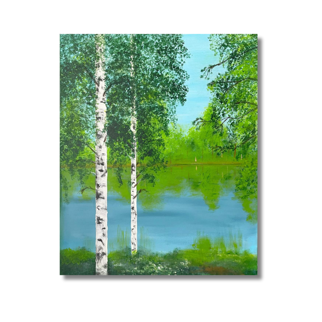 Kesäinen maisemataulu, jossa koivuja ja järveä