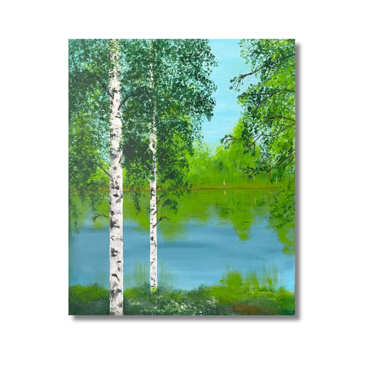 Kesäinen maisemataulu, jossa koivuja ja järveä