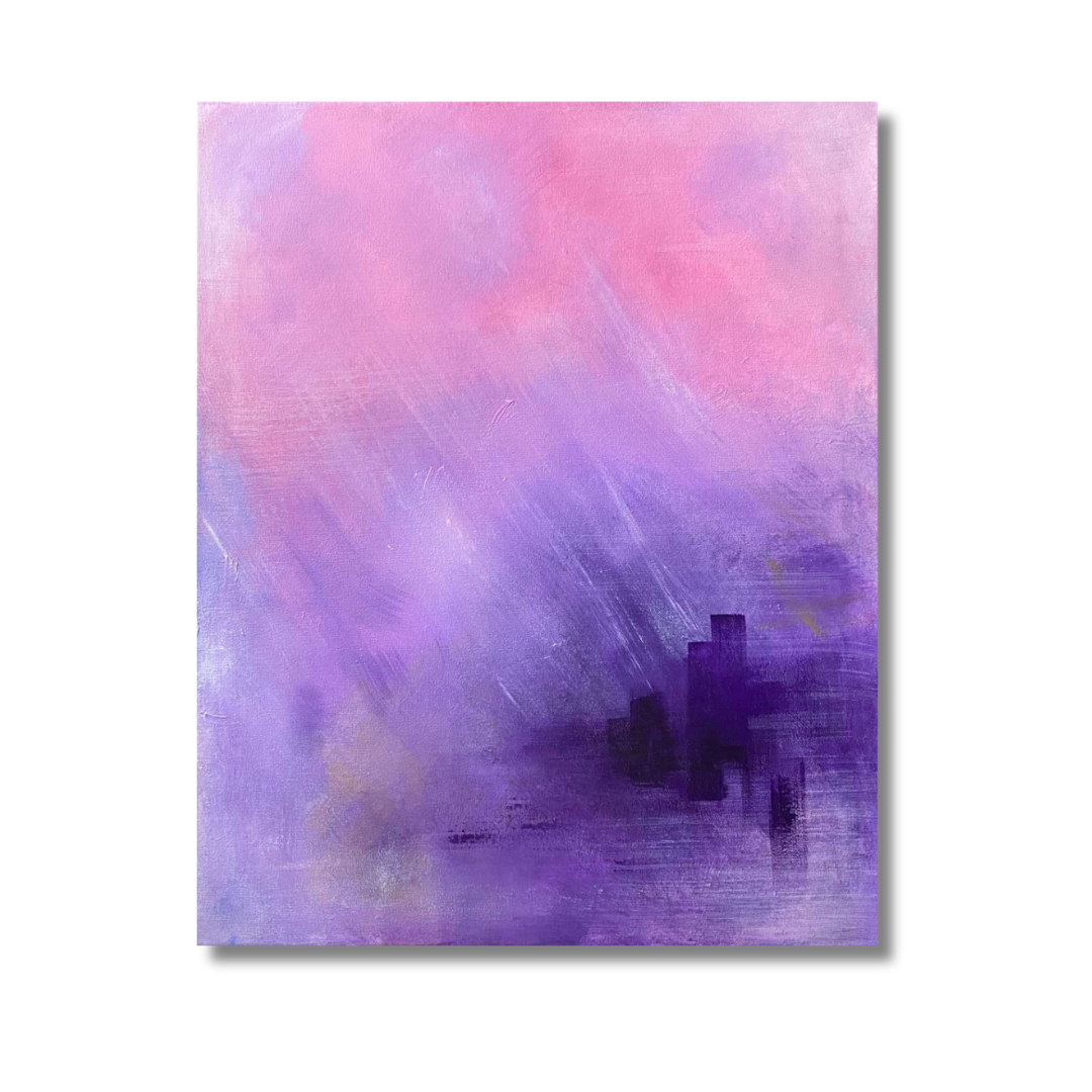 Abstrakti taulu, jossa vahvat pinkin ja violetin sävyt.