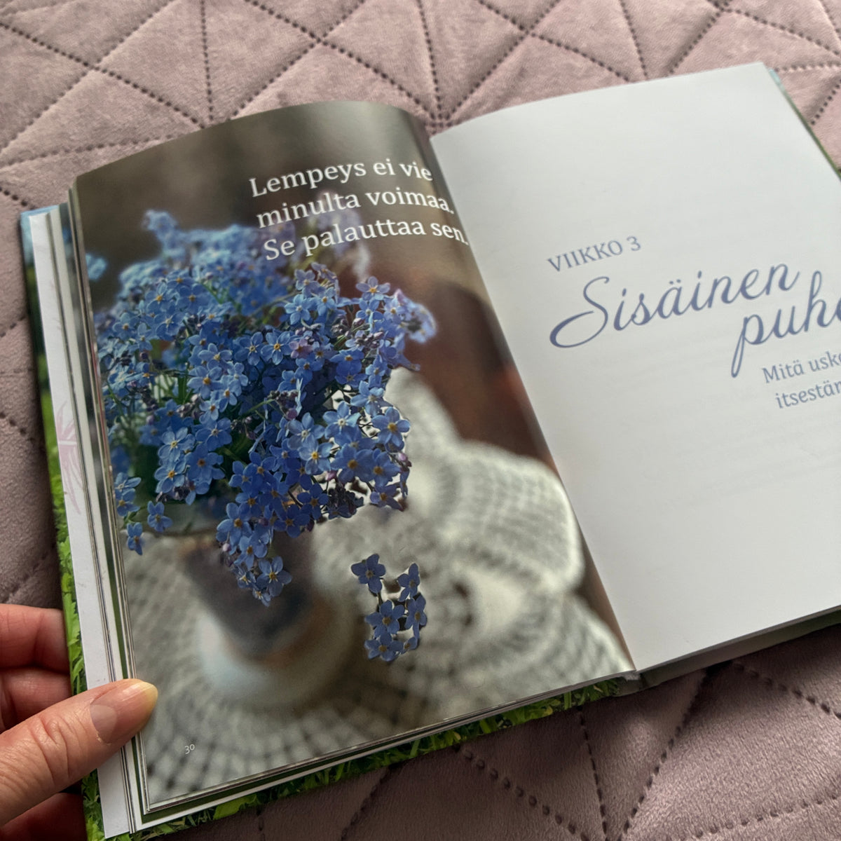 Avoin kirja, jossa lemmikin kukkia maljakossa ja sisäinen puhe -teeman aloitussivu