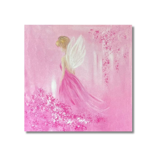 Postikortti, jossa pinkkiasuinen enkeli onnenlähteellä
